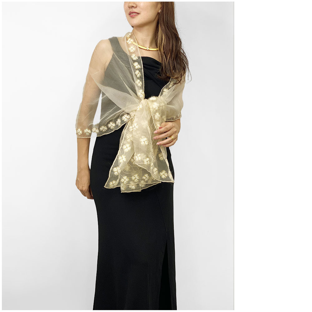 InDream ストール パーティー 結婚式 刺繍 シルク オーガンジー ベージュ 毛糸小花 春夏 30代 40代 50代 60代