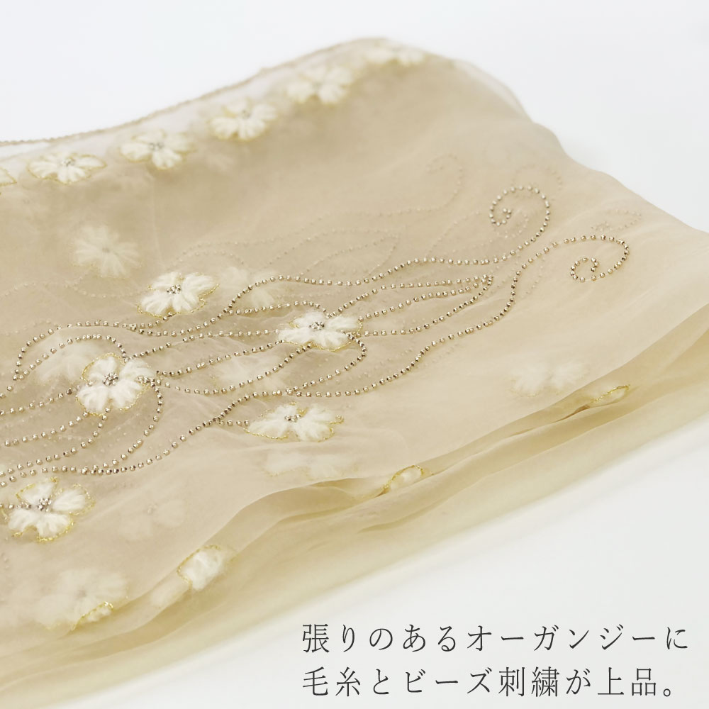 InDream ストール パーティー 結婚式 刺繍 シルク オーガンジー ベージュ 毛糸小花 春夏 30代 40代 50代 60代