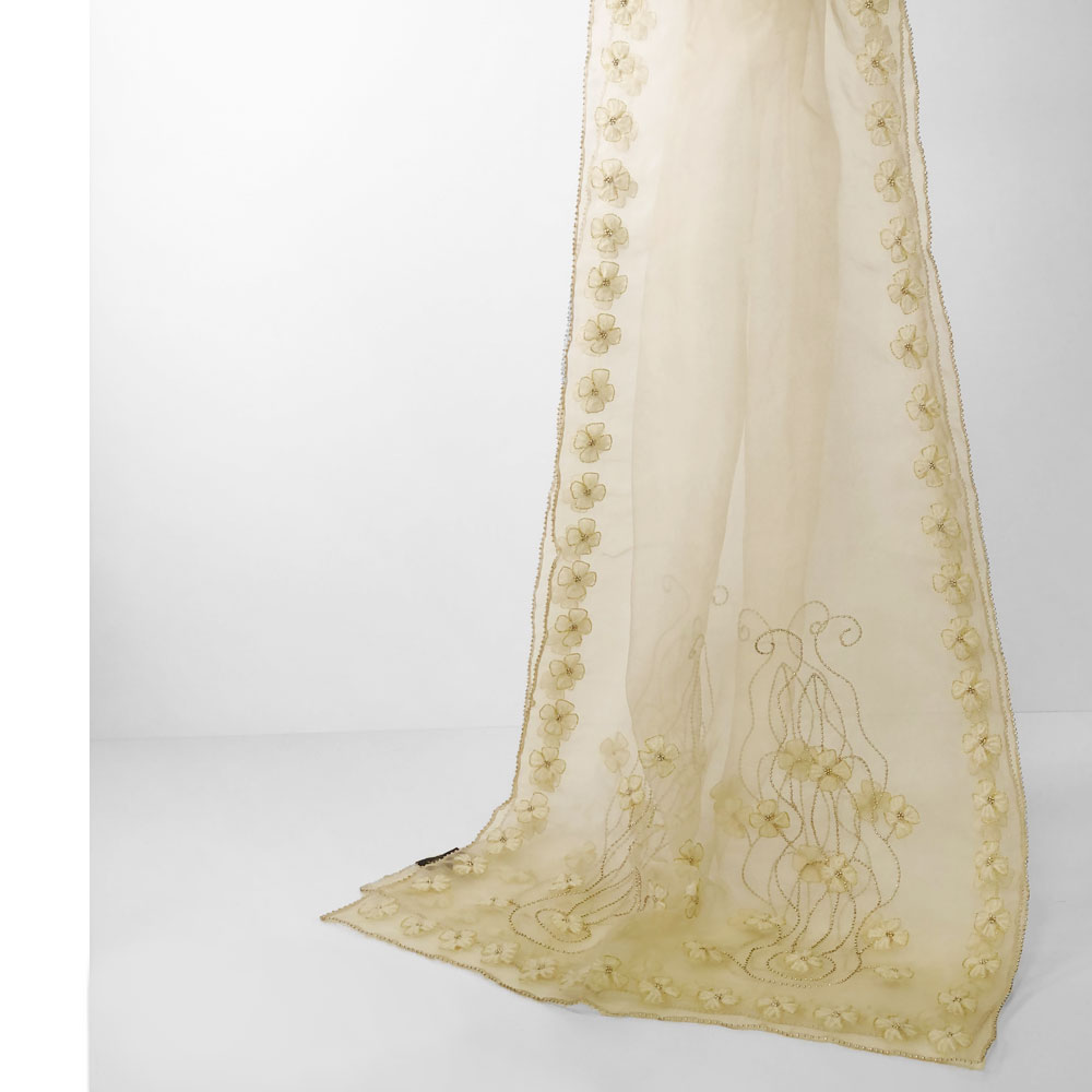 InDream ストール パーティー 結婚式 刺繍 シルク オーガンジー ベージュ 毛糸小花 春夏 30代 40代 50代 60代