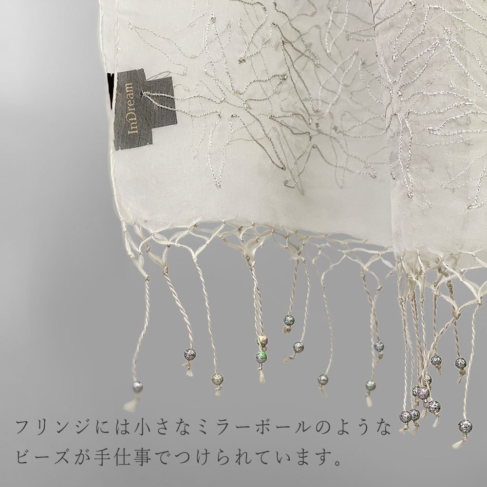 InDream シルクオーガンジーストール 白 ホワイト 刺繍 結婚式 パーティー フォーマル 還暦 古希 ギフト  30代 40代 50代 60代