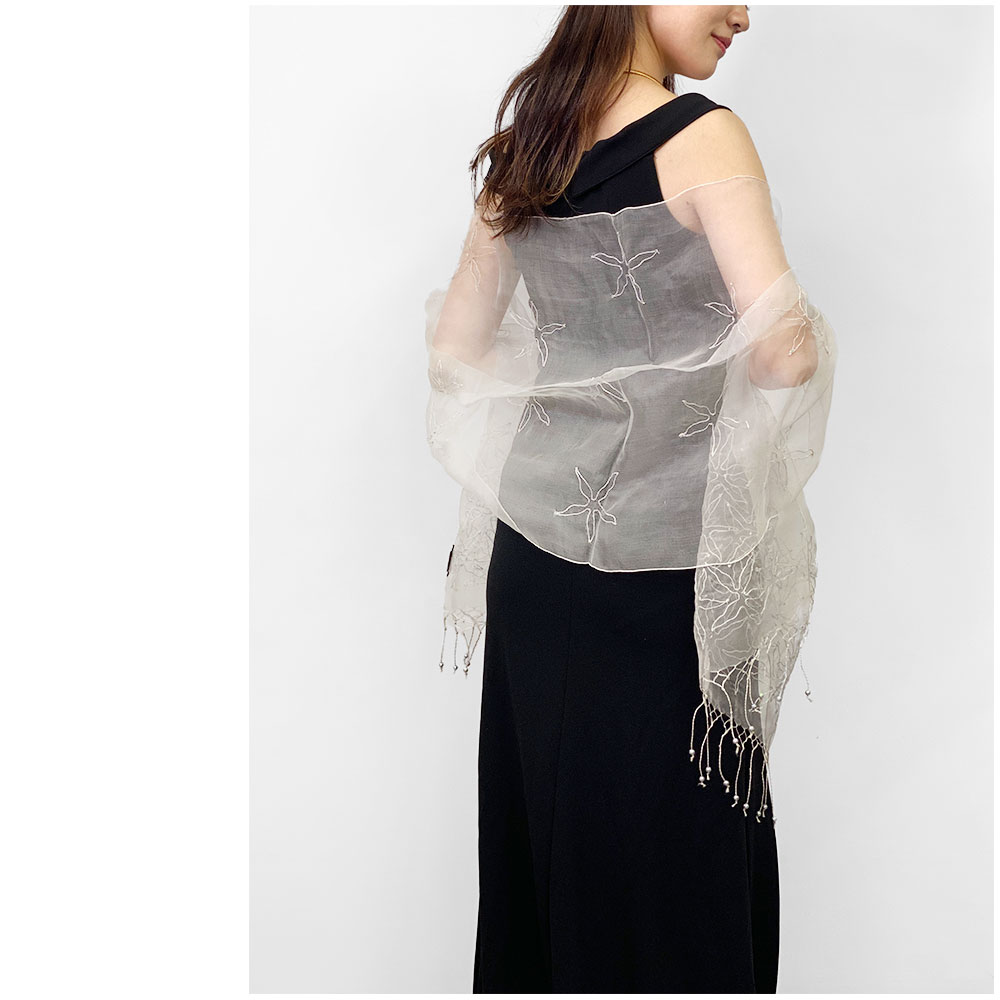 InDream シルクオーガンジーストール 白 ホワイト 刺繍 結婚式 パーティー フォーマル 還暦 古希 ギフト  30代 40代 50代 60代