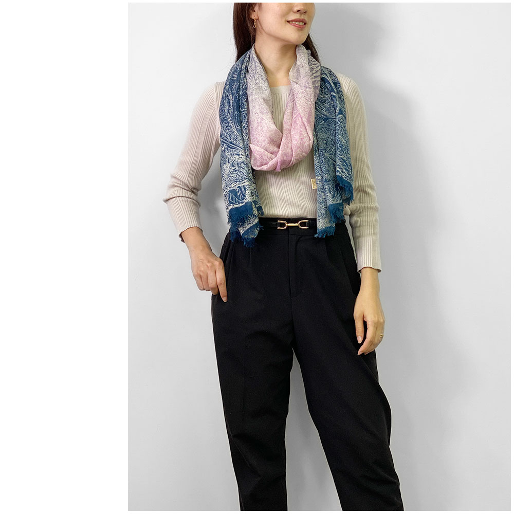 PASHMA パシュマ ストール シルクカシミヤ プリント マフラ― ネイビー ピンク クリスマス ギフト おしゃれ 誕生日 プレゼント 50代 60代 70代 80代