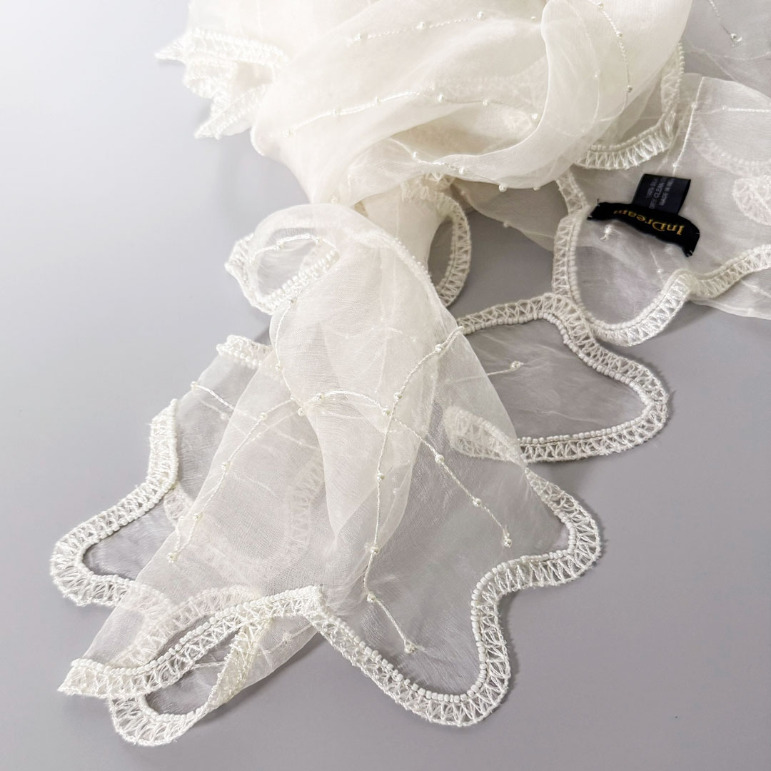 InDream シルク オーガンジー ストール  白 ナチュラルホワイト ウェーブカット 刺繍 スカーフ 結婚式 パーティー  クリスマス ギフト おしゃれ 誕生日 プレゼント 50代 60代 70代 80代 女性 春夏