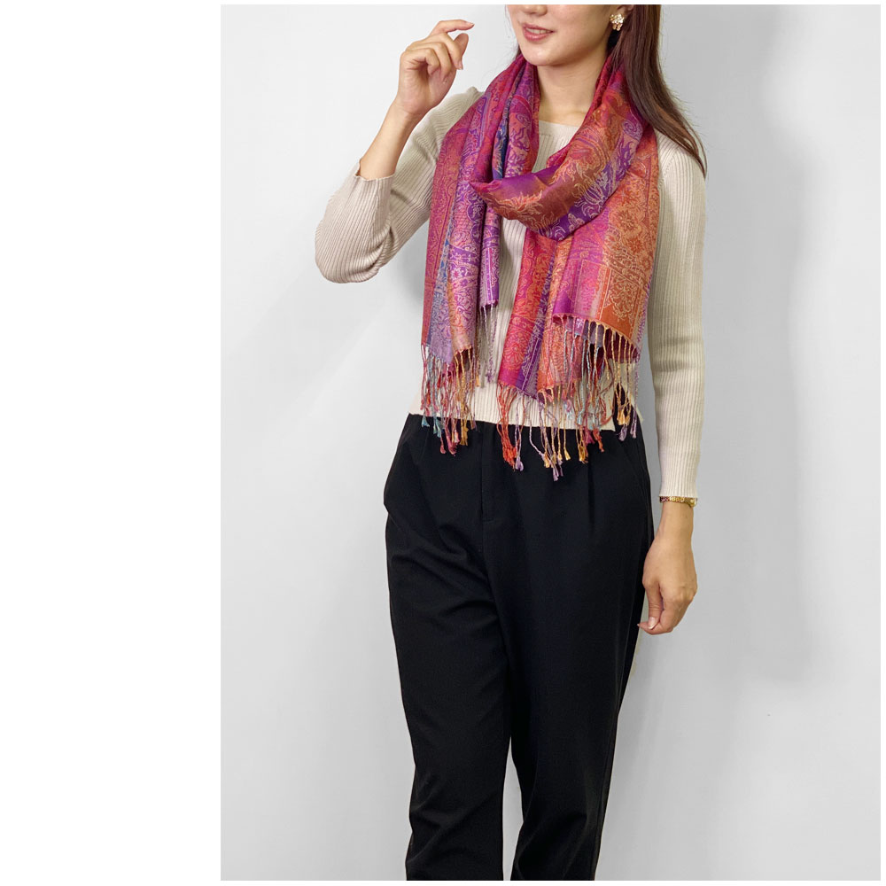 InDream ペイズリー柄 シルク ストール 大判 75cmx200cm ショール パープル ピンク 古希 お祝い 着物 クリスマス プレゼント ギフト 50代 60代 70代 80代