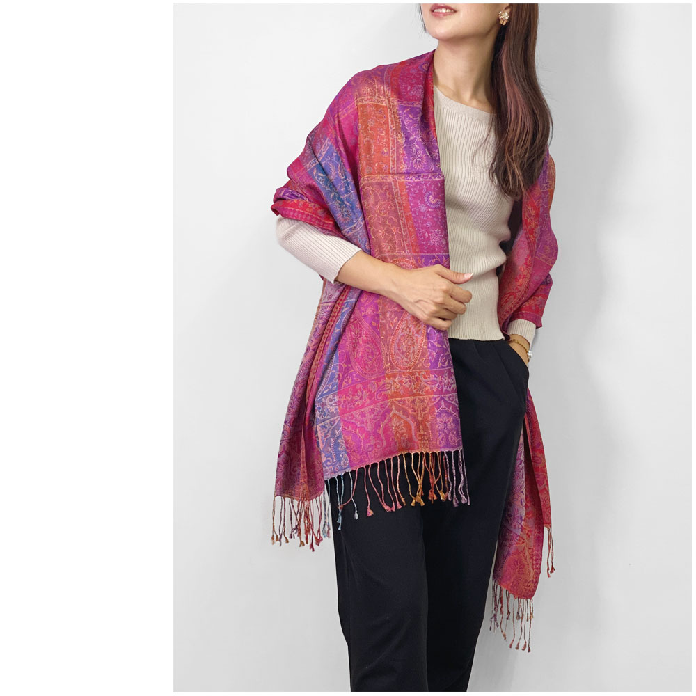 InDream ペイズリー柄 シルク ストール 大判 75cmx200cm ショール パープル ピンク 古希 お祝い 着物 クリスマス プレゼント ギフト 50代 60代 70代 80代