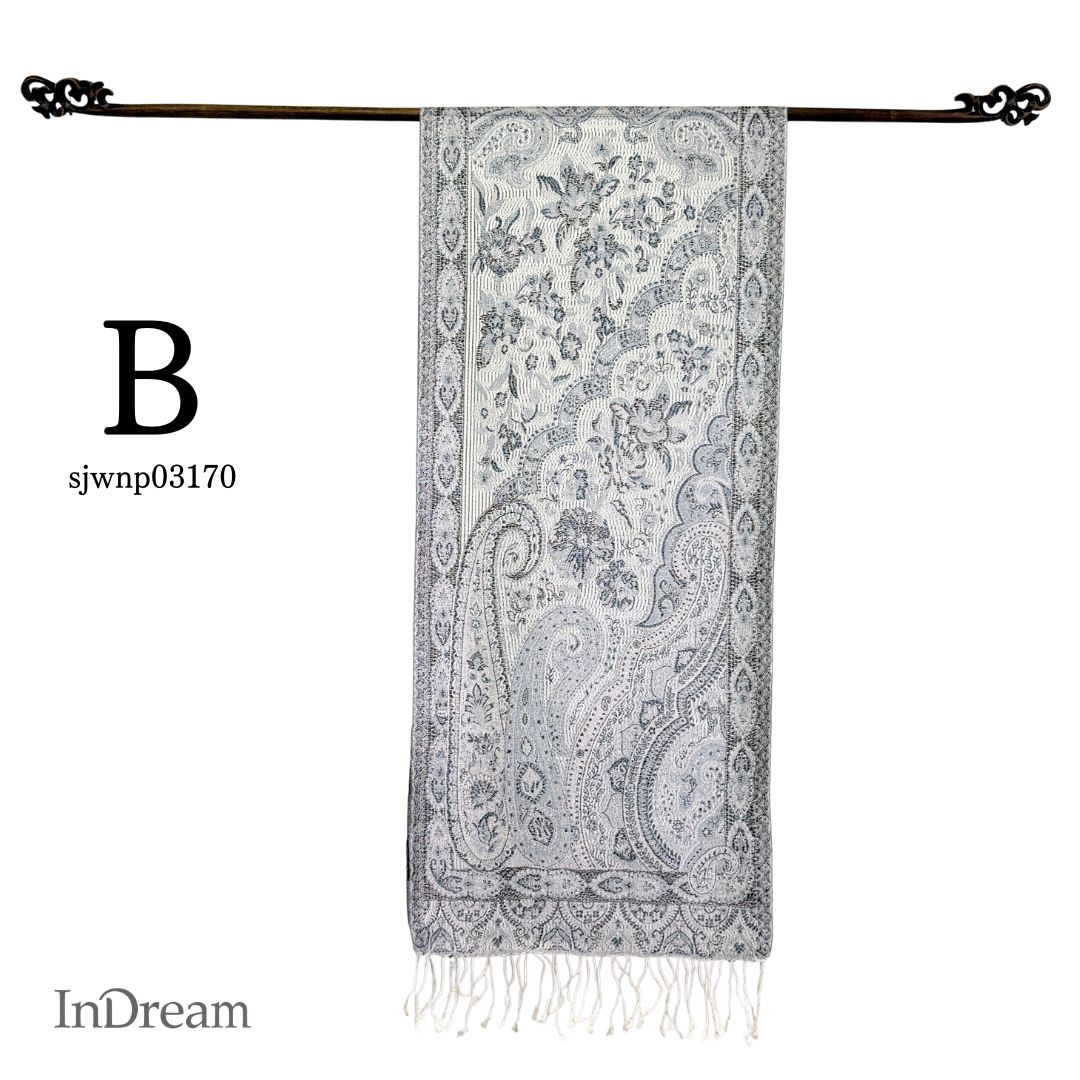 InDream NEW ペイズリー柄 シルク ストール 小判 ［36cmx170cm］ シルバー 春 秋 冬 誕生日 プレゼント 母の日 ギフト 50代 60代 70代 80代 おしゃれ ひざ掛け スカーフ メンズ マフラー 女性