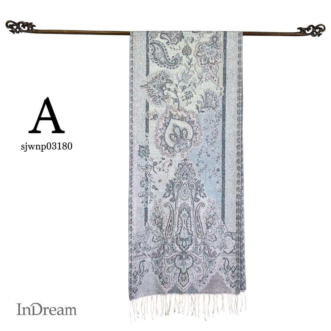 InDream NEW ペイズリー柄 シルク ストール 小判 ［36cmx170cm］ シルバー 春 秋 冬 誕生日 プレゼント 母の日 ギフト 50代 60代 70代 80代 おしゃれ ひざ掛け スカーフ メンズ マフラー 女性