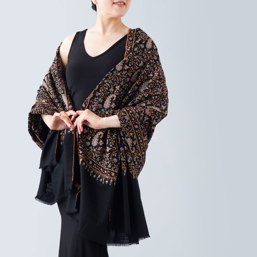 InDream 刺繍ショール パシュミナ カシミヤ 100cm巾 黒 ブラック 04 パーティー クリスマス ギフト おしゃれ 誕生日 プレゼント 着物ショール 50代 60代 70代 80代