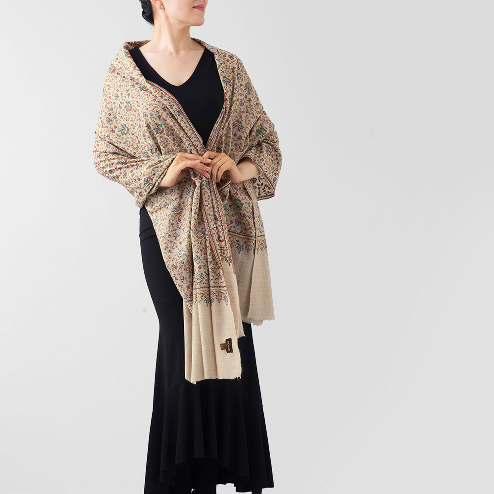 InDream 刺繍ショール パシュミナ カシミヤ 100cm巾 ベージュ05 パーティー クリスマス ギフト おしゃれ 誕生日 プレゼント 着物ショール 50代 60代 70代 80代