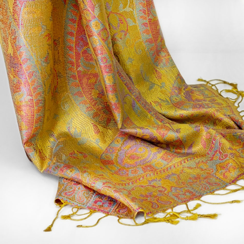 InDream ペイズリー柄 シルク ストール 中判 55cmx180cm スカーフ 黄色 イエロー クリスマス ギフト おしゃれ 誕生日 プレゼント 50代 60代 70代 80代