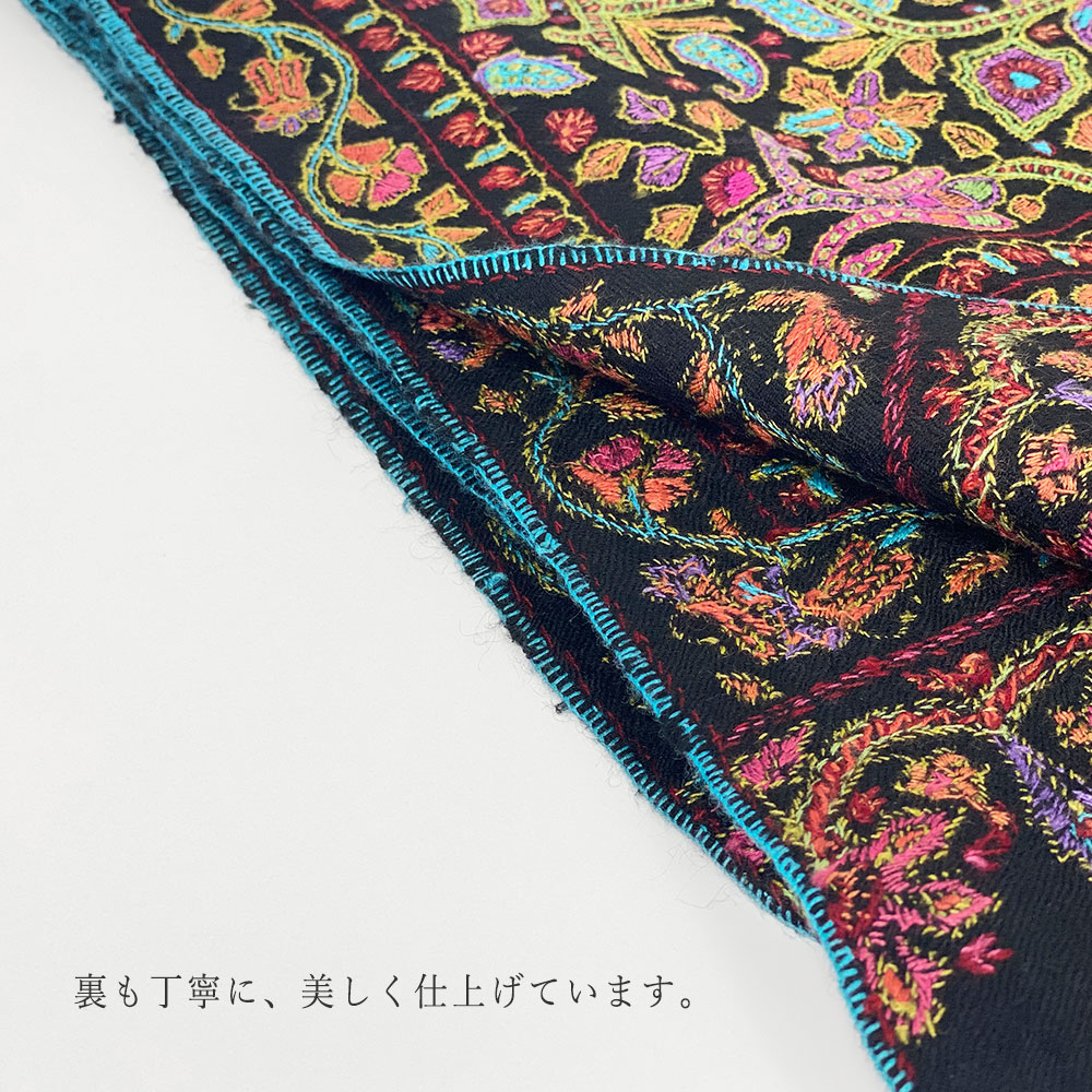 花柄ペイズリー刺繍ストール　手刺繍　インド製パシュミナ InDream 刺繍ショール パシュミナ カシミヤ 100cm巾 黒地総刺繍