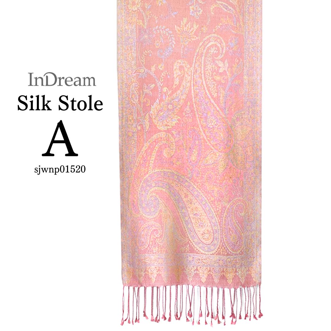 InDream ペイズリー柄 シルク ストール 小判 36cmx170cm スカーフ マフラ― ピンク 古希 お祝い クリスマス ギフト おしゃれ 誕生日 プレゼント 50代 60代 70代 80代