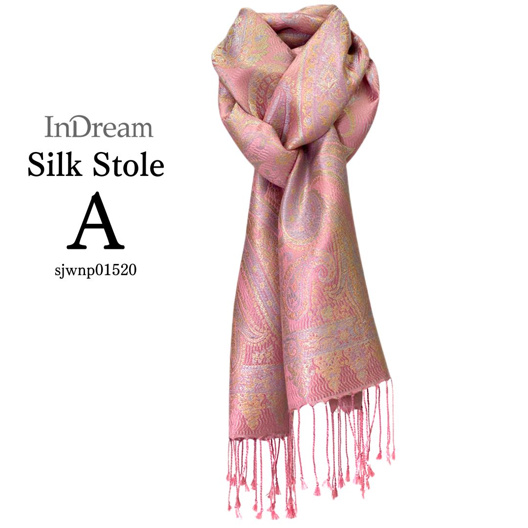InDream ペイズリー柄 シルク ストール 小判 36cmx170cm スカーフ マフラ― ピンク 古希 お祝い クリスマス ギフト おしゃれ 誕生日 プレゼント 50代 60代 70代 80代