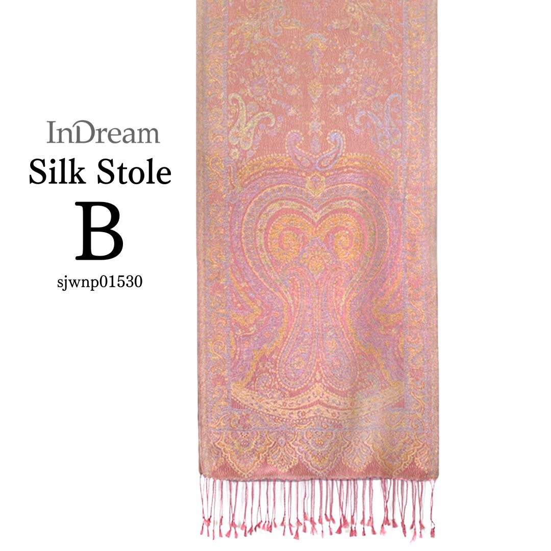 InDream ペイズリー柄 シルク ストール 小判 36cmx170cm スカーフ マフラ― ピンク 古希 お祝い クリスマス ギフト おしゃれ 誕生日 プレゼント 50代 60代 70代 80代