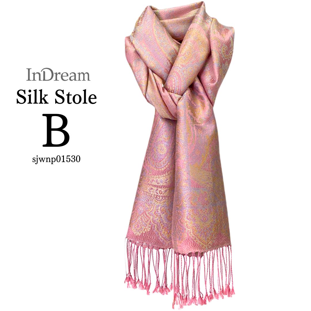 InDream ペイズリー柄 シルク ストール 小判 36cmx170cm スカーフ マフラ― ピンク 古希 お祝い クリスマス ギフト おしゃれ 誕生日 プレゼント 50代 60代 70代 80代