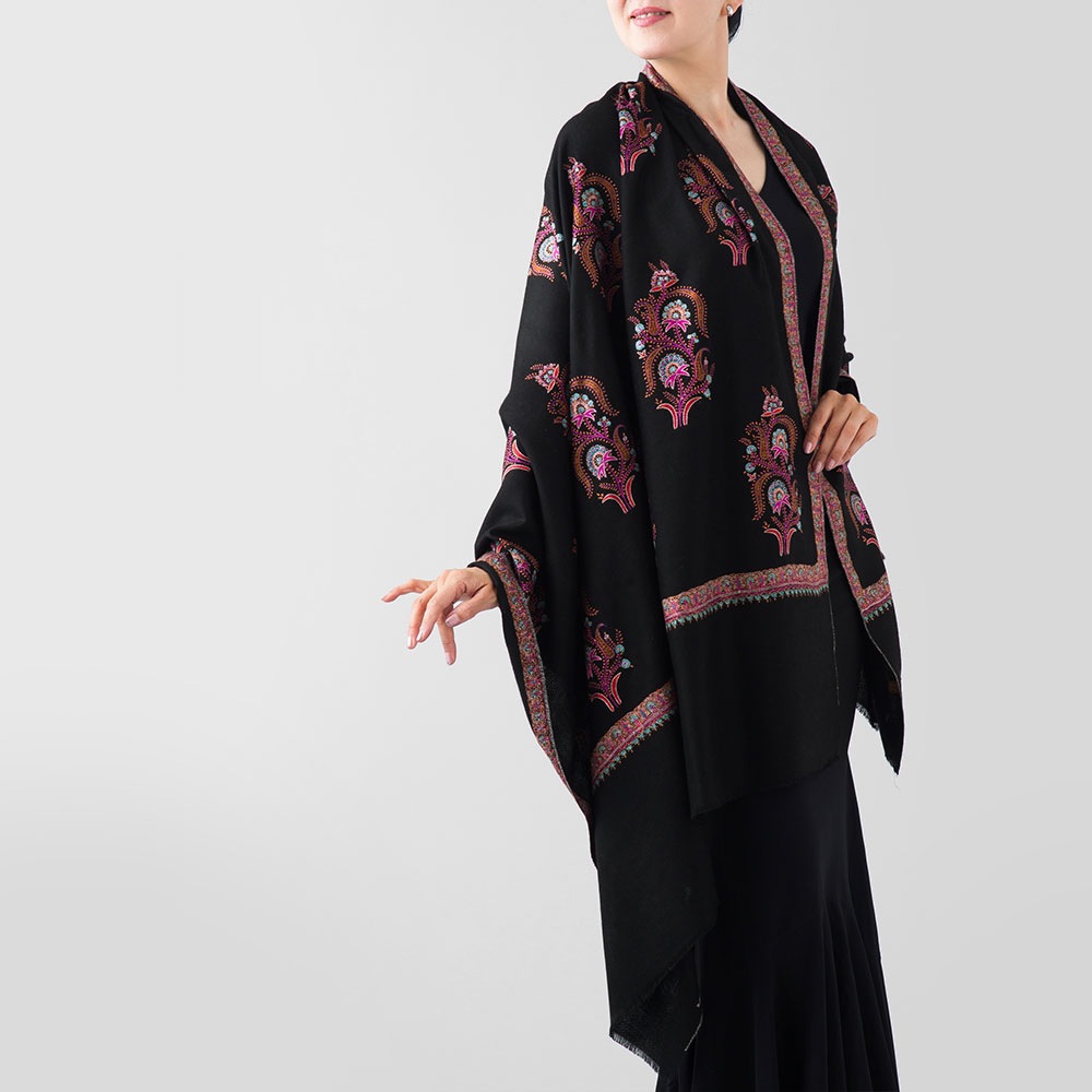 InDream 刺繍ショール パシュミナ カシミヤ 100cm巾 黒 ブラック 05 パーティー クリスマス ギフト おしゃれ 誕生日 プレゼント 着物ショール 50代 60代 70代 80代