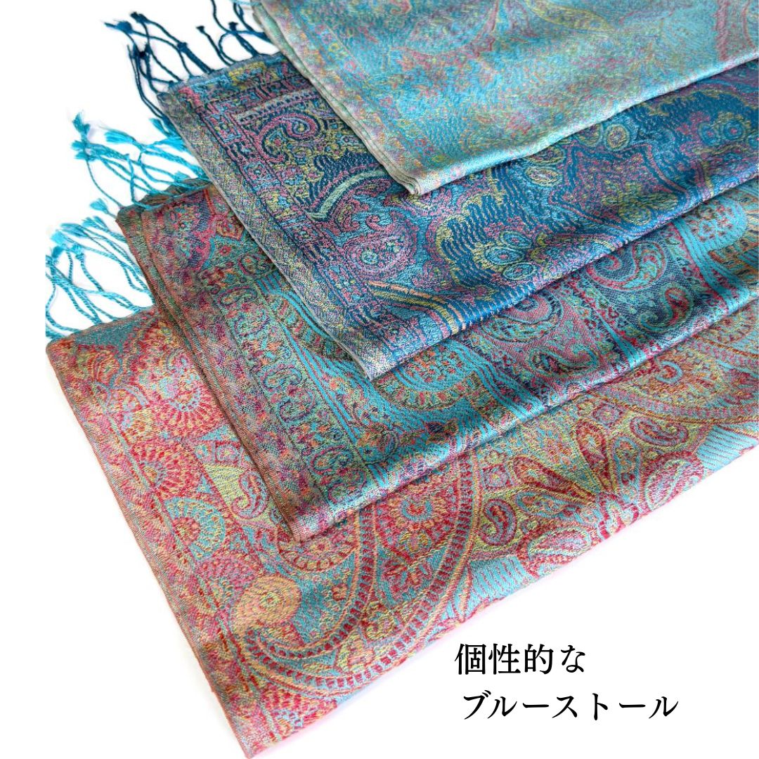InDream ペイズリー柄 シルク ストール 小判［36cmx170cm］スカーフ   ブルー  春 秋冬 母の日 ギフト おしゃれ 誕生日 プレゼント  50代 60代 70代 80代