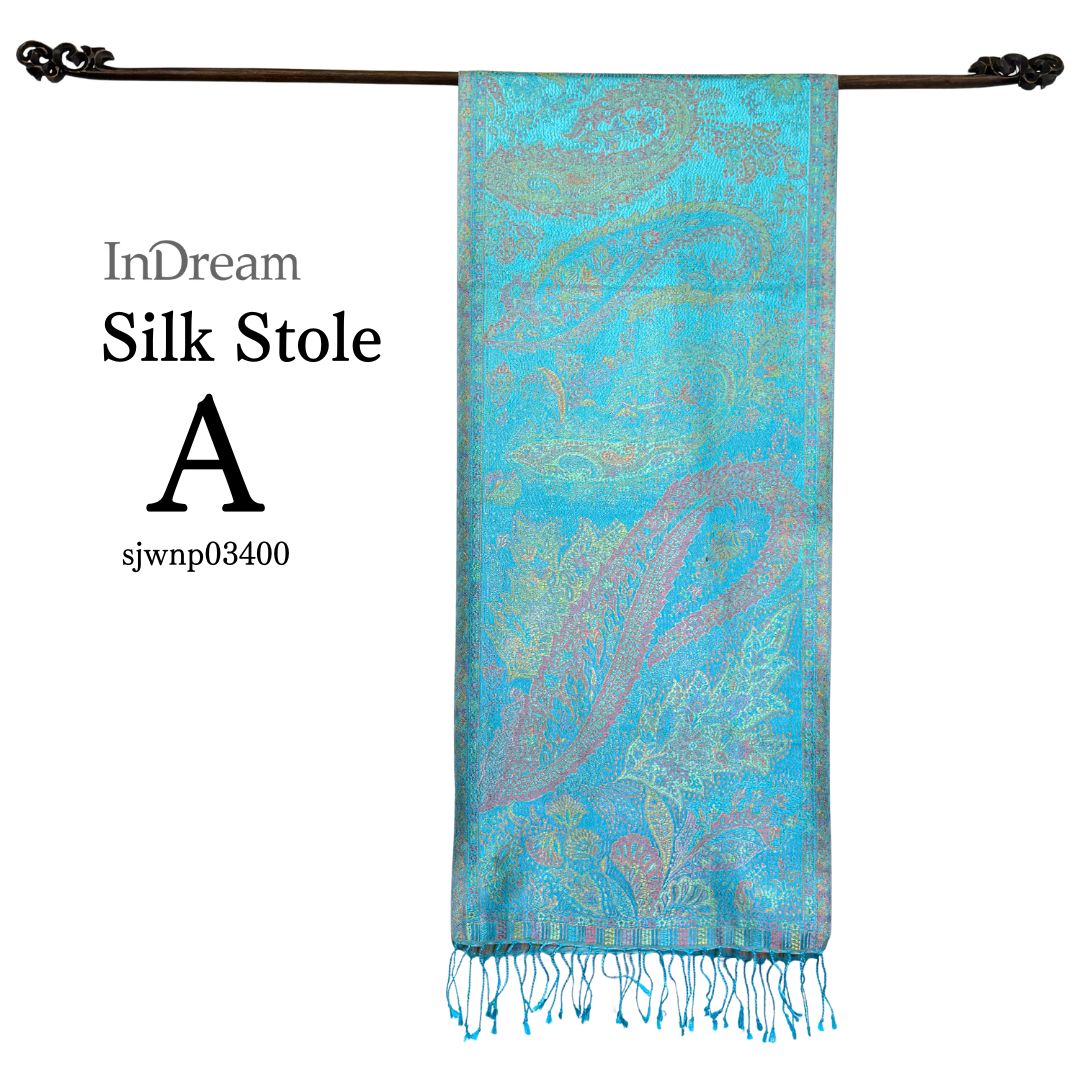 InDream ペイズリー柄 シルク ストール 小判［36cmx170cm］スカーフ   ブルー  春 秋冬 母の日 ギフト おしゃれ 誕生日 プレゼント  50代 60代 70代 80代