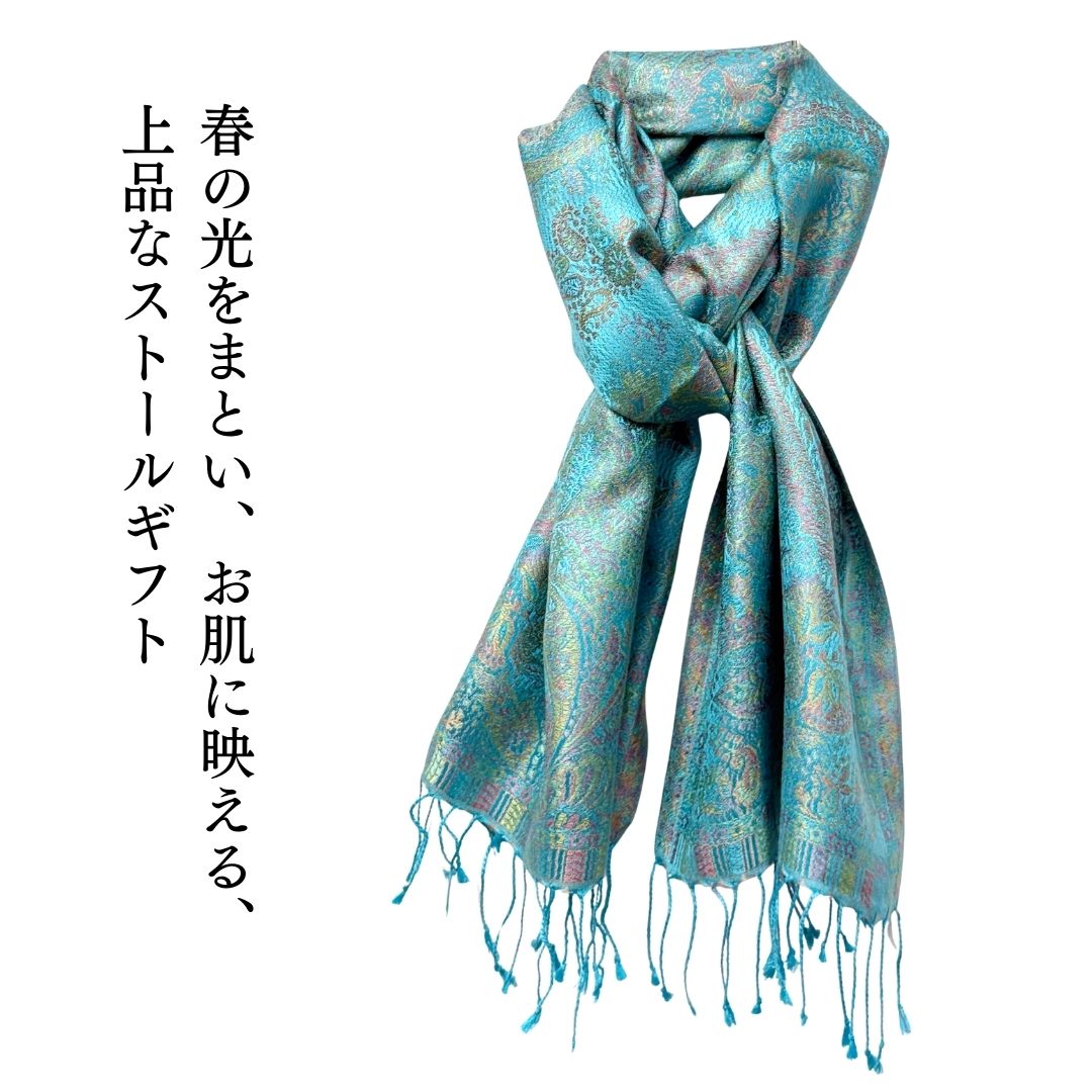 InDream ペイズリー柄 シルク ストール 小判［36cmx170cm］スカーフ   ブルー  春 秋冬 母の日 ギフト おしゃれ 誕生日 プレゼント  50代 60代 70代 80代