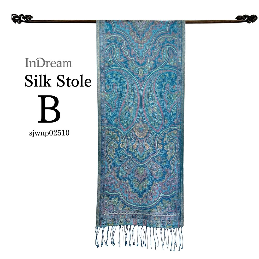 InDream ペイズリー柄 シルク ストール 小判［36cmx170cm］スカーフ   ブルー  春 秋冬 母の日 ギフト おしゃれ 誕生日 プレゼント  50代 60代 70代 80代