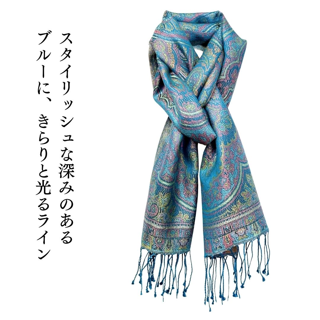 InDream ペイズリー柄 シルク ストール 小判［36cmx170cm］スカーフ   ブルー  春 秋冬 母の日 ギフト おしゃれ 誕生日 プレゼント  50代 60代 70代 80代