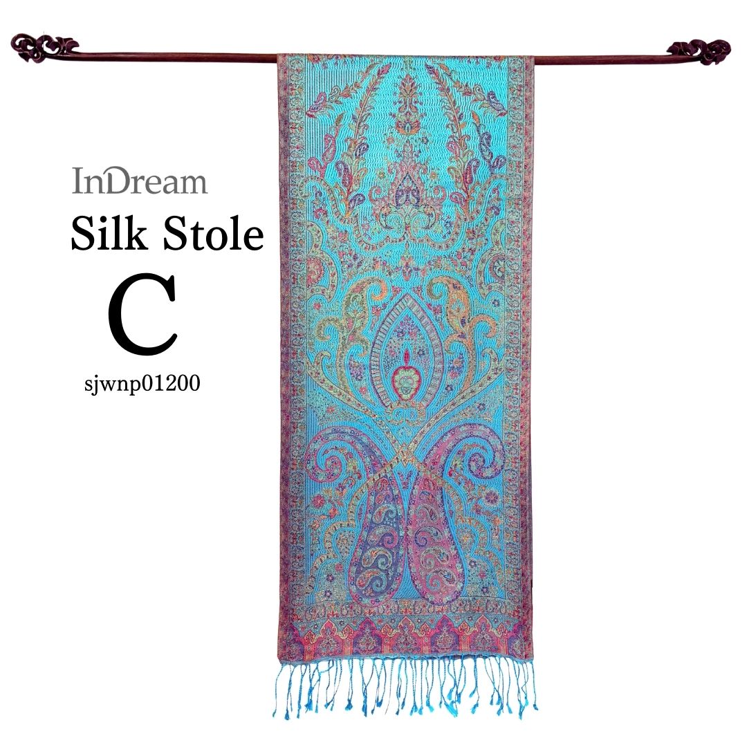 InDream ペイズリー柄 シルク ストール 小判［36cmx170cm］スカーフ   ブルー  春 秋冬 母の日 ギフト おしゃれ 誕生日 プレゼント  50代 60代 70代 80代