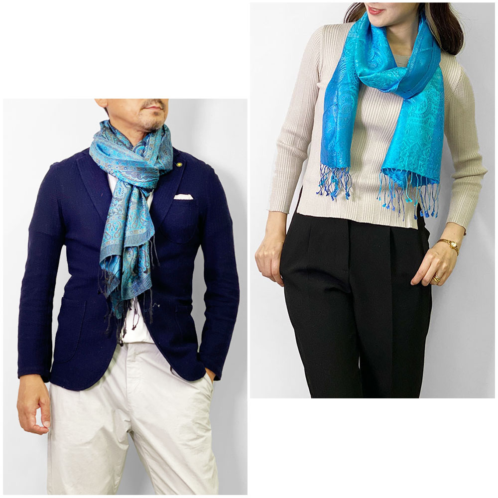 InDream ペイズリー柄 シルク ストール 小判［36cmx170cm］スカーフ   ブルー  春 秋冬 クリスマス ギフト おしゃれ 誕生日 プレゼント  50代 60代 70代 80代