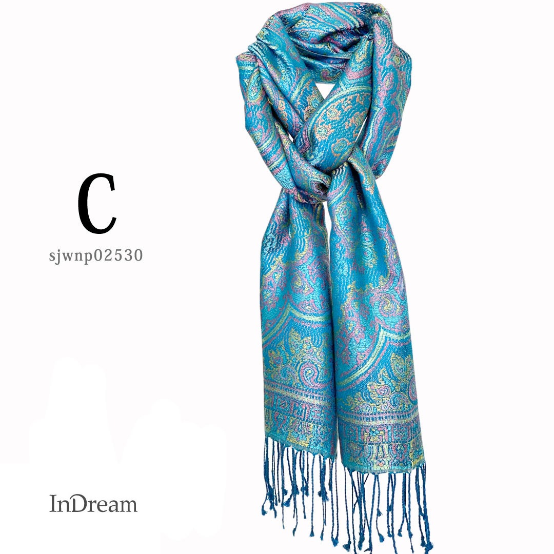 InDream ペイズリー柄 シルク ストール 小判［36cmx170cm］スカーフ   ブルー  春 秋冬 クリスマス ギフト おしゃれ 誕生日 プレゼント  50代 60代 70代 80代