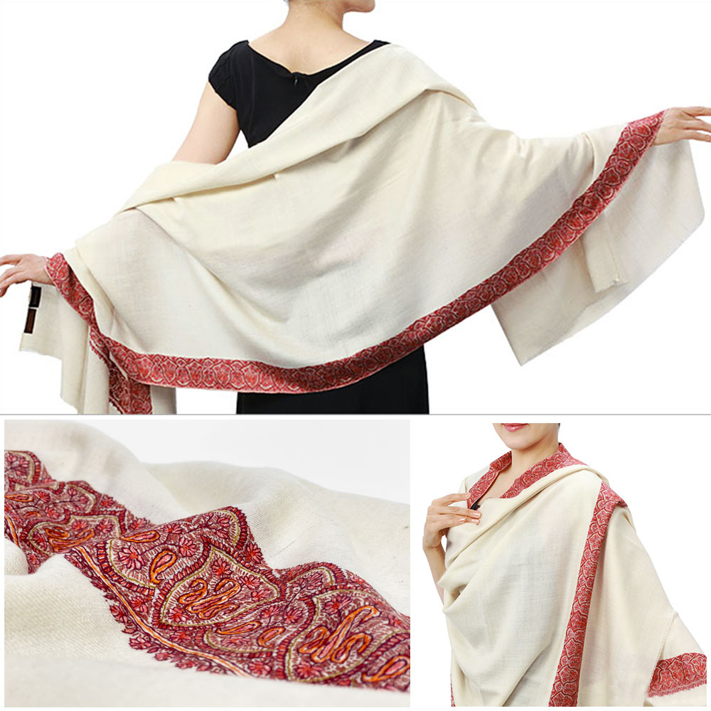 InDream ソズニ刺繍ストール パシュミナ ダークベージュ ペイズリー 65cm巾 インド ストール カシミールショール クリスマス プレゼント 着物ショール 結婚式 パーティー カシミヤ