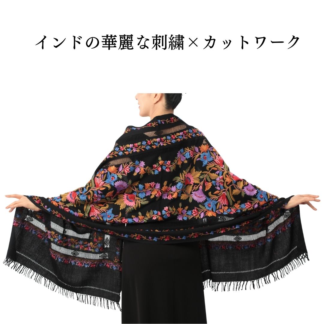 InDream アーリ刺繍ストール 黒 大判 冷房対策 ギフト おしゃれ 誕生日 プレゼント 着物ショール レディース 50代 60代 70代 80代