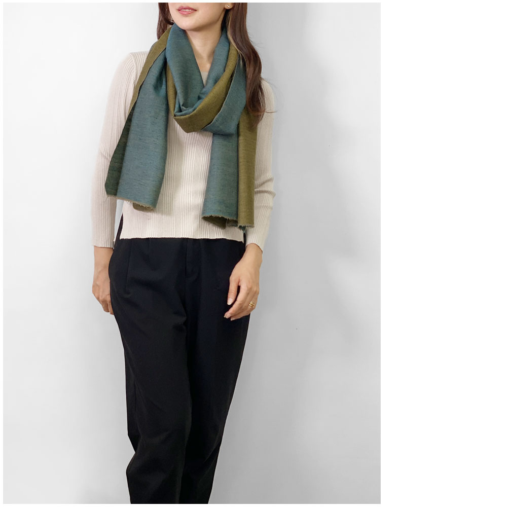 InDream 手織りパシュミナストールリバーシブル マフラ― カシミヤ100% ブルー カーキ 50cm幅 父の日プレゼント ギフト 誕生日 40代 50代 60代 70代 80代