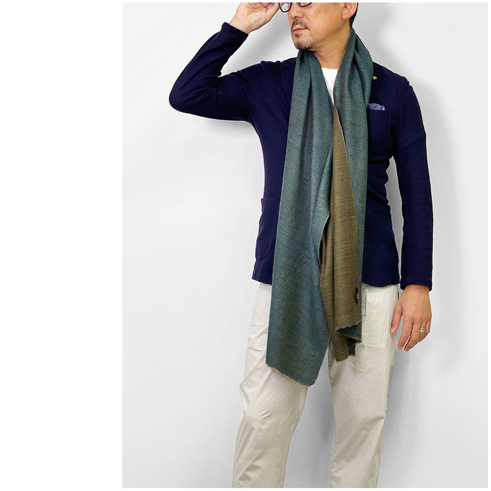 InDream 手織りパシュミナストールリバーシブル マフラ― カシミヤ100% ブルー カーキ 50cm幅 父の日プレゼント ギフト 誕生日 40代 50代 60代 70代 80代