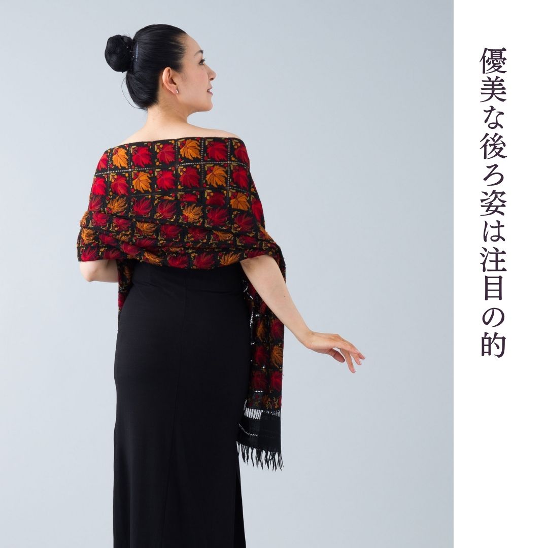 InDream アーリ刺繍ストール 楓柄 黒 ブラック /レッド からし グリーン 冷房対策 ギフト おしゃれ 誕生日 プレゼント 着物ショール 春 秋 冬 50代 60代 70代 80代