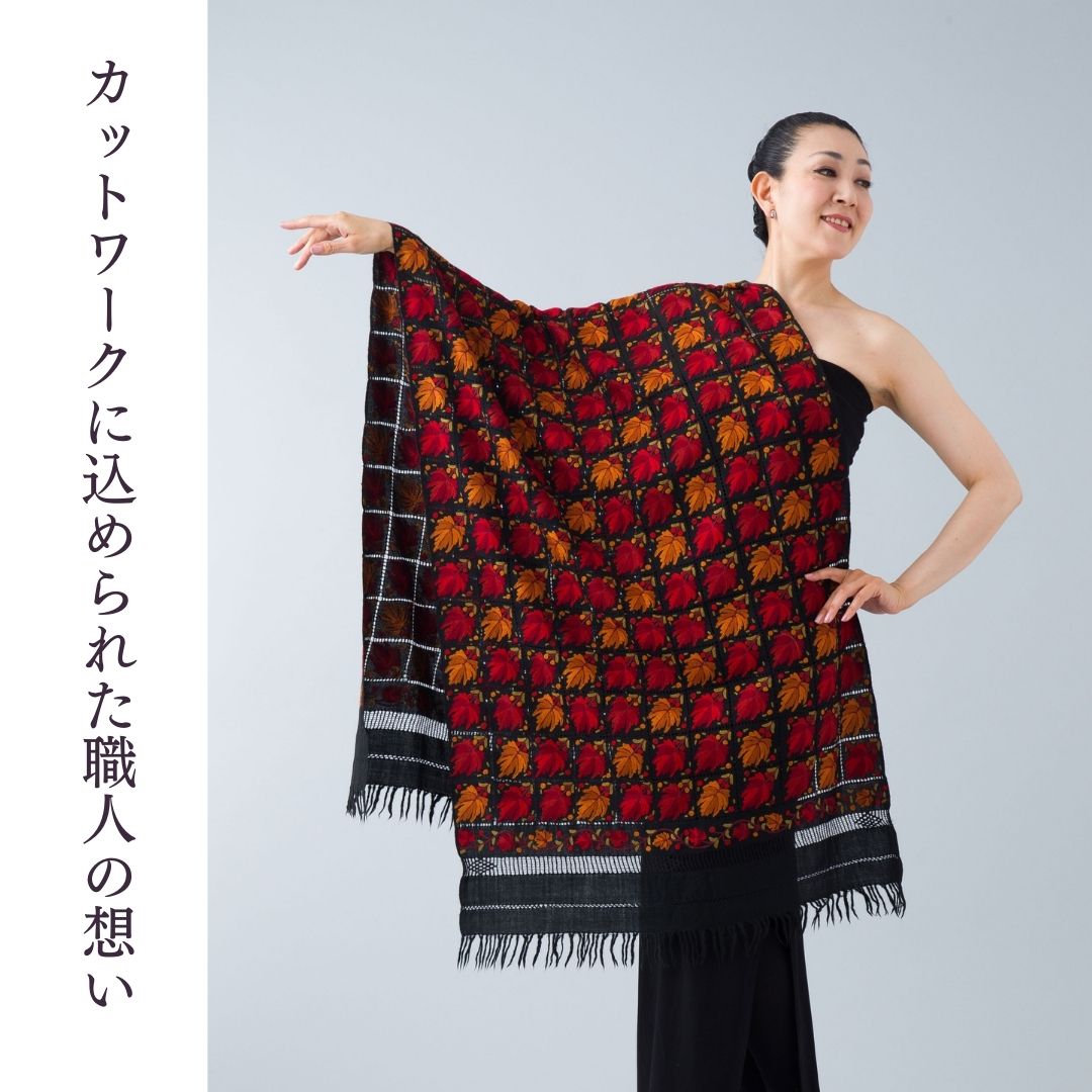 InDream アーリ刺繍ストール 楓柄 黒 ブラック /レッド からし グリーン 冷房対策 ギフト おしゃれ 誕生日 プレゼント 着物ショール 春 秋 冬 50代 60代 70代 80代