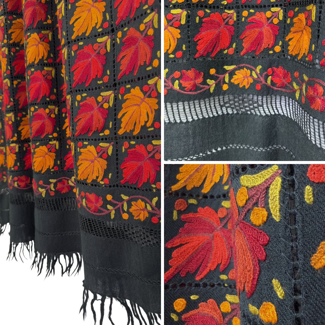 InDream アーリ刺繍ストール 楓柄 黒 ブラック /レッド からし グリーン 冷房対策 ギフト おしゃれ 誕生日 プレゼント 着物ショール 春 秋 冬 50代 60代 70代 80代