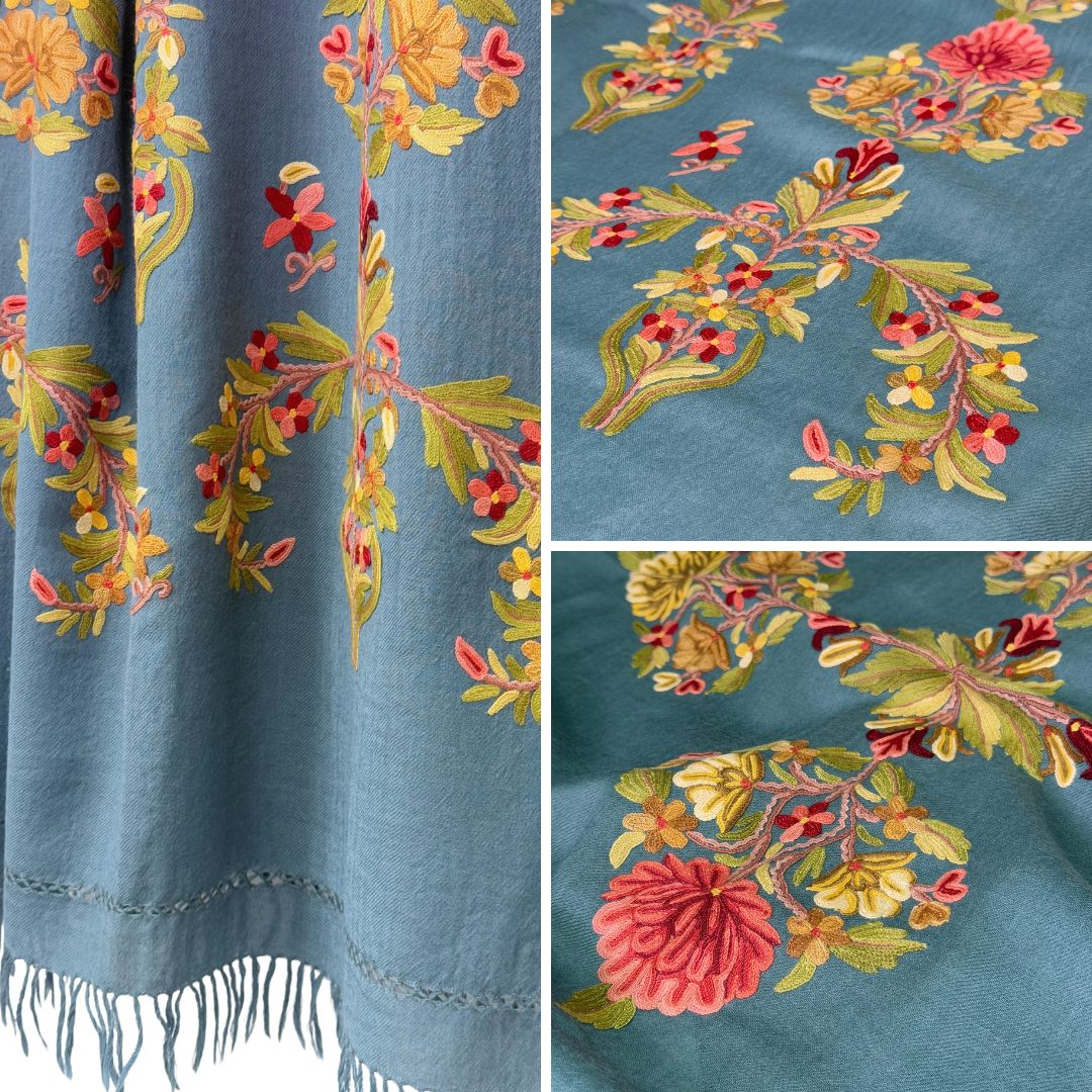 InDream アーリ刺繍ストール ブルー 大判 母の日 ギフト おしゃれ 誕生日 プレゼント 着物ショール レディース 50代 60代 70代 80代