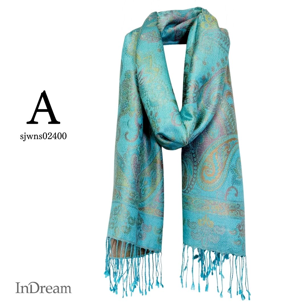 InDream ペイズリー柄 シルク ストール 中判 ［55cmx180cm］ ターコイズ  ブルー イエロー 春 秋 冬 誕生日 プレゼント クリスマス ギフト 50代 60代 70代 80代 おしゃれ ひざ掛け メンズ マフラー 女性