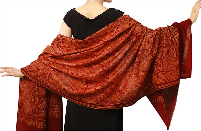InDream ソズニ刺繍ストール ウール ダークレッド オレンジ 100cm巾 着物ショール 結婚式 パーティー クリスマス ギフト おしゃれ 誕生日 プレゼント 50代 60代 70代 80代