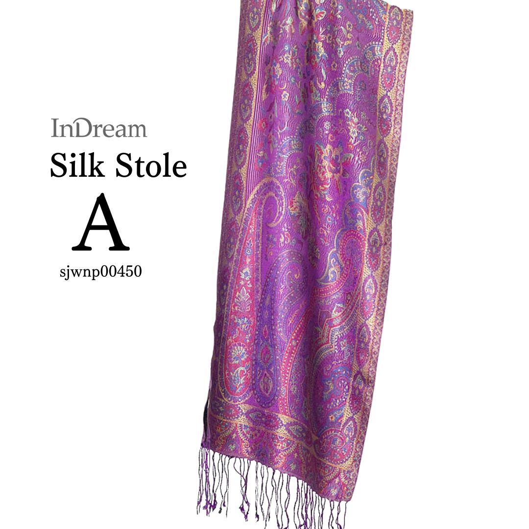 InDream ペイズリー柄 シルク ストール 小判 36cmx170cm スカーフ マフラ― 紫 古希 お祝い クリスマス ギフト おしゃれ 誕生日 プレゼント おしゃれ 50代 60代 70代 80代