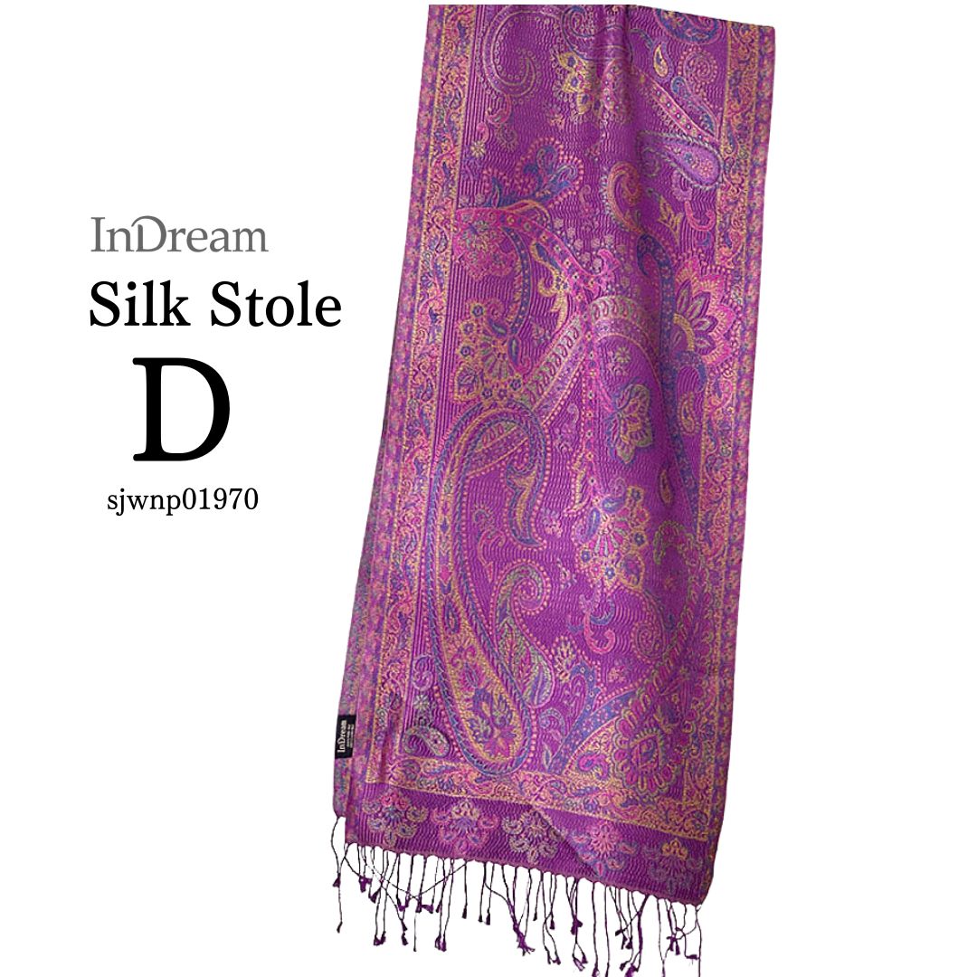 InDream ペイズリー柄 シルク ストール 小判 36cmx170cm スカーフ マフラ― 紫 古希 お祝い クリスマス ギフト おしゃれ 誕生日 プレゼント おしゃれ 50代 60代 70代 80代