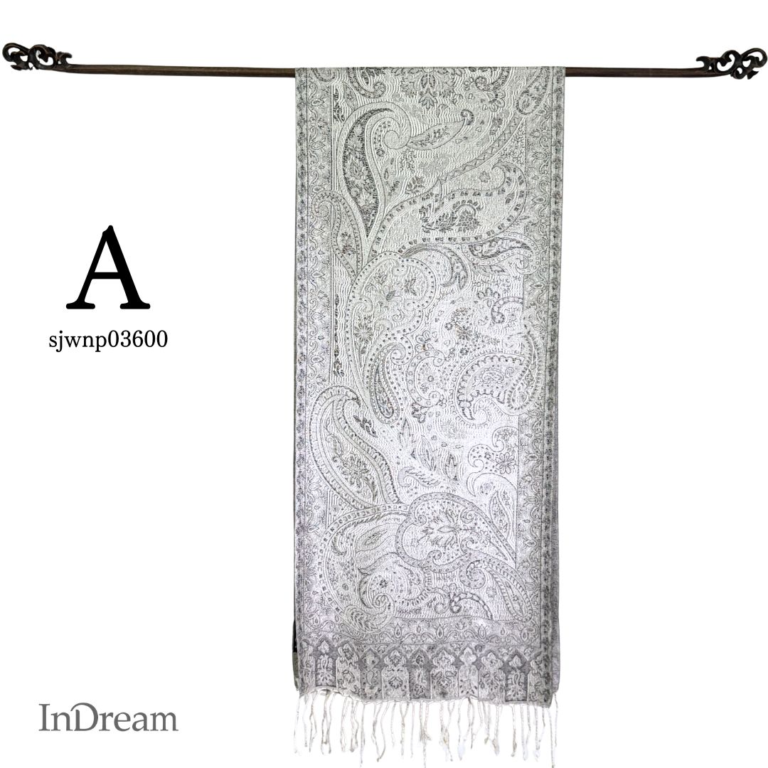 InDream ペイズリー柄 シルク ストール 小判 36cmx170cm スカーフ シルバー グレー  母の日 ギフト 誕生日 プレゼント 50代 60代 70代 80代