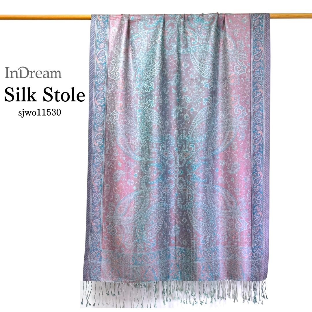 InDream ペイズリー柄 シルク ストール 大判 ［70cmx200cm］ ブルー ピンク パステル 春 秋 冬 誕生日 プレゼント 母の日 ギフト 50代 60代 70代 80代 おしゃれ ひざ掛け メンズ マフラー 女性