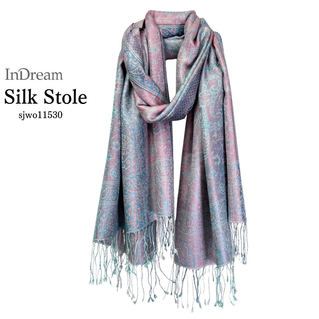 InDream ペイズリー柄 シルク ストール 大判 ［70cmx200cm］ ブルー ピンク パステル 春 秋 冬 誕生日 プレゼント 母の日 ギフト 50代 60代 70代 80代 おしゃれ ひざ掛け メンズ マフラー 女性