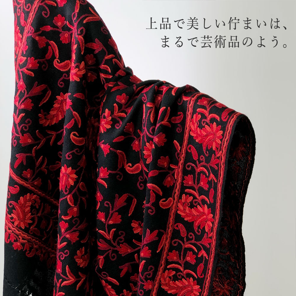 InDream アーリ刺繍ストール 黒 レッド 大判 敬老の日 ギフト おしゃれ 誕生日 プレゼント 着物ショール レディース 50代 60代 70代 80代