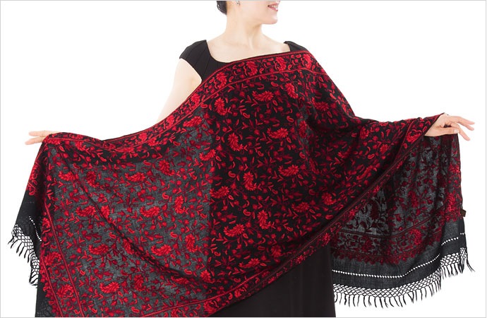 InDream アーリ刺繍ストール 黒 レッド 大判 敬老の日 ギフト おしゃれ 誕生日 プレゼント 着物ショール レディース 50代 60代 70代 80代