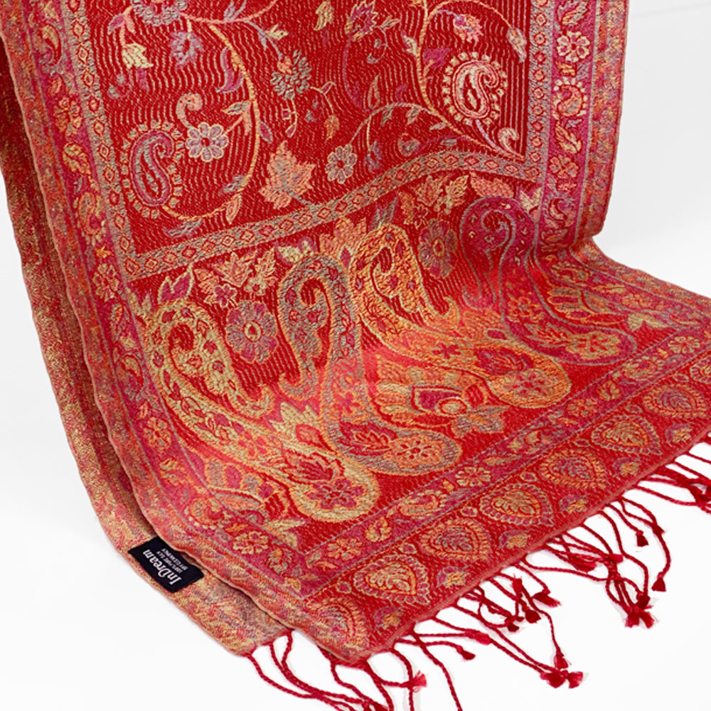 InDream ペイズリー柄 シルク ストール 小判 ［36cmx170cm］ 赤 イエローミックス  スカーフ レディース メンズ マフラー 誕生日 プレゼント クリスマス ギフト 50代 60代 70代 80代 おしゃれ ひざ掛け メンズ マフラー 女性