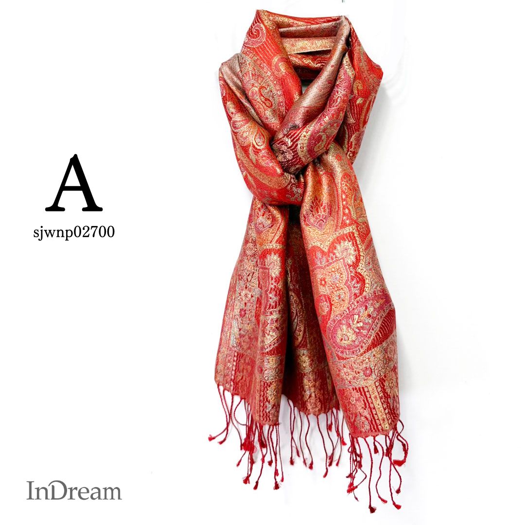 InDream ペイズリー柄 シルク ストール 小判 ［36cmx170cm］ 赤 イエローミックス  スカーフ レディース メンズ マフラー 誕生日 プレゼント クリスマス ギフト 50代 60代 70代 80代 おしゃれ ひざ掛け メンズ マフラー 女性