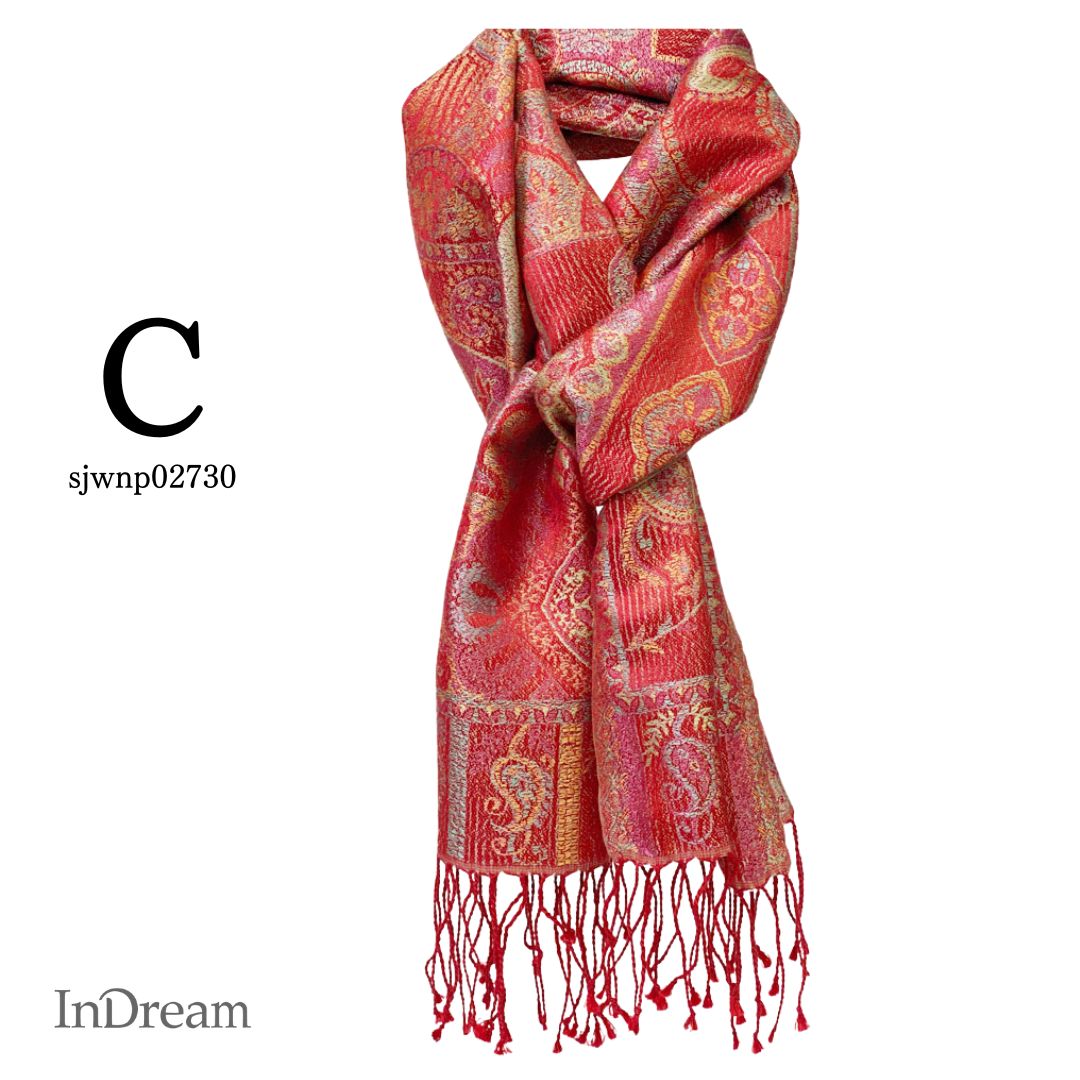 InDream ペイズリー柄 シルク ストール 小判 ［36cmx170cm］ 赤 イエローミックス  スカーフ レディース メンズ マフラー 誕生日 プレゼント クリスマス ギフト 50代 60代 70代 80代 おしゃれ ひざ掛け メンズ マフラー 女性