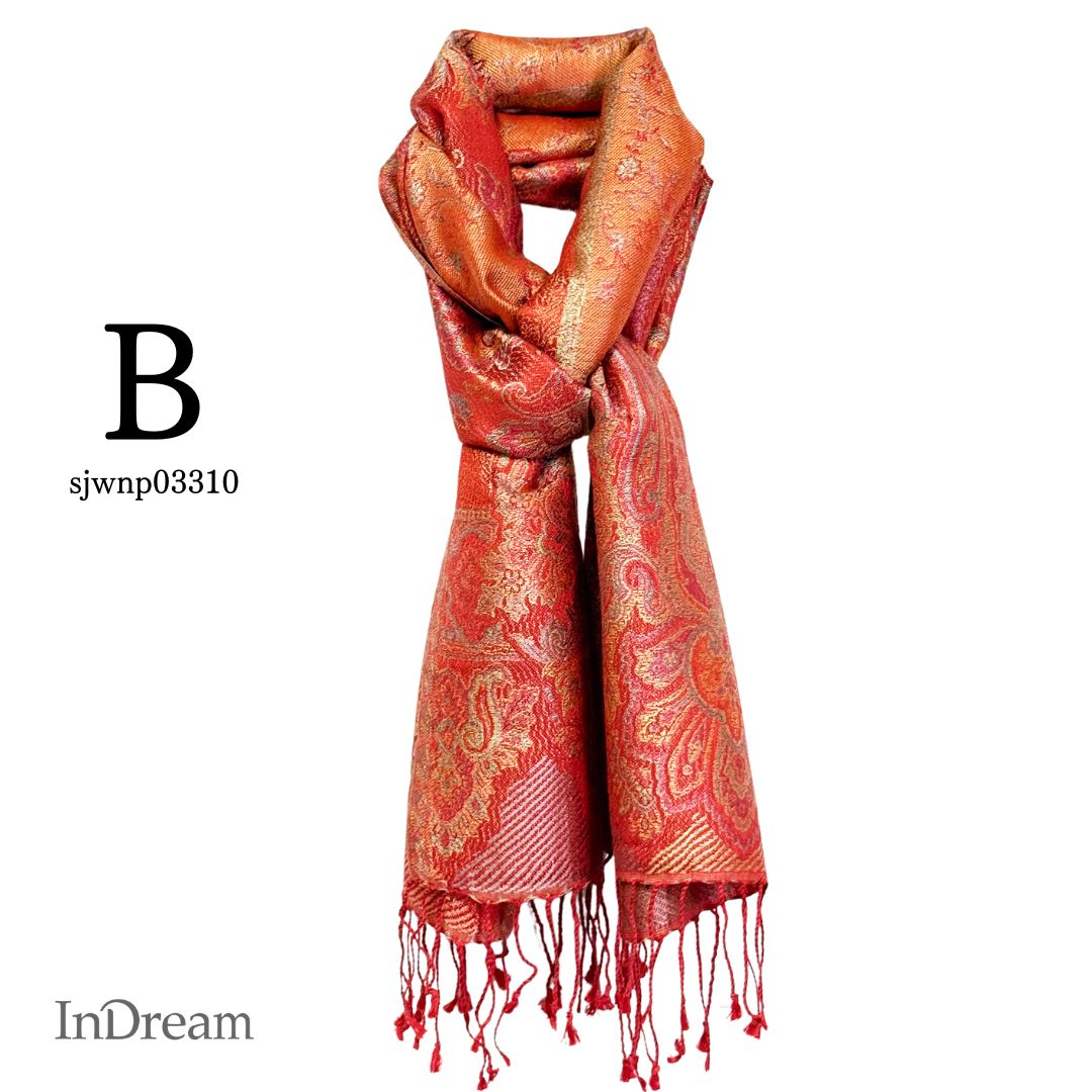 InDream ペイズリー柄 シルク ストール 小判 ［36cmx170cm］ 赤 イエローミックス  スカーフ レディース メンズ マフラー 誕生日 プレゼント クリスマス ギフト 50代 60代 70代 80代 おしゃれ ひざ掛け メンズ マフラー 女性
