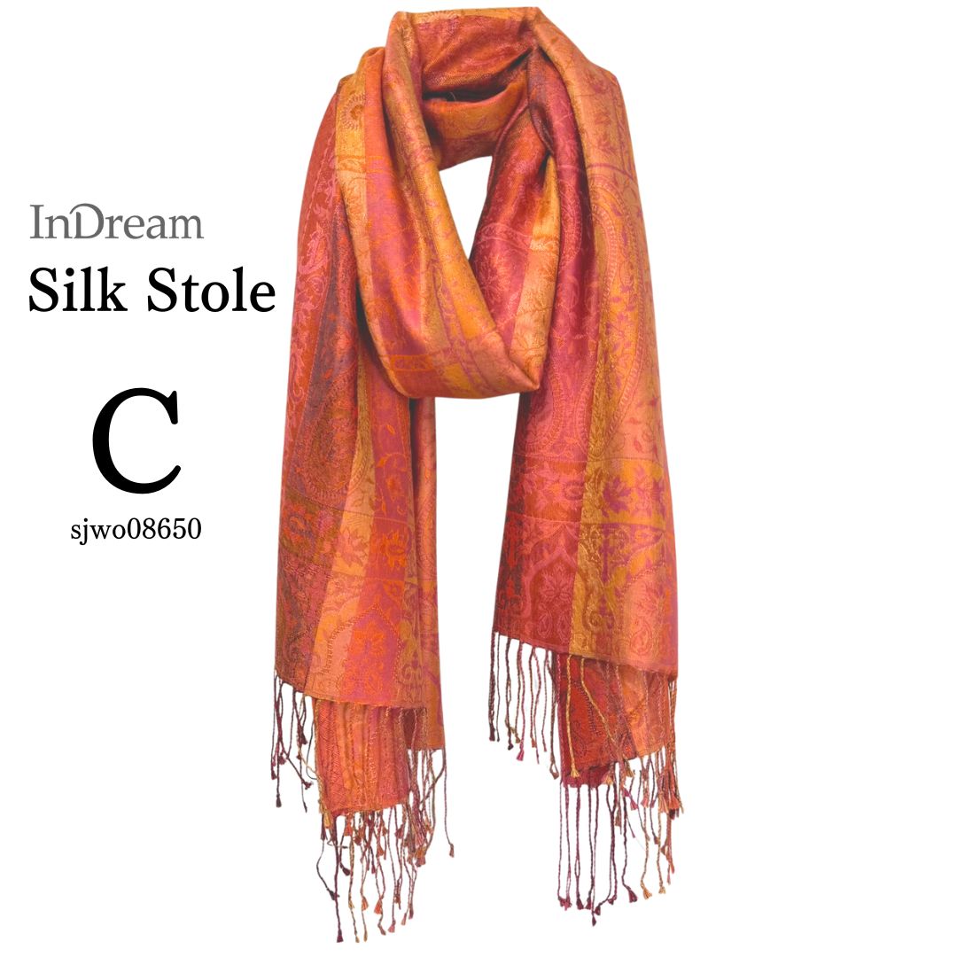 InDream ペイズリー柄 シルク ストール 大判 ［75cmx200cm］オレンジ 赤 マルチカラー 秋 冬 誕生日 プレゼント クリスマス ギフト ひざ掛け スカーフ レディース メンズ マフラー 女性 お祝い 春夏